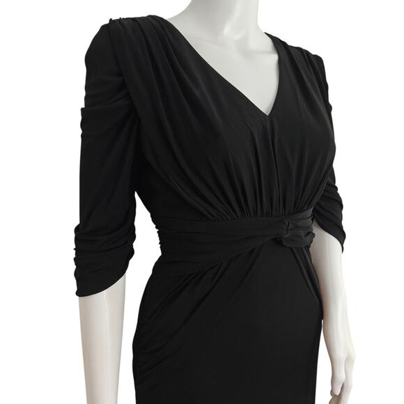 Badgley Mischka Evening Gown Dress Sz 4 Black Stretch Ruched Drape Train Wedding - Picture 2 of 11